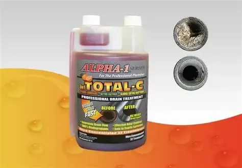 Bottle of Alpha-1 Total-C drain treatment beside a before and after pipe section